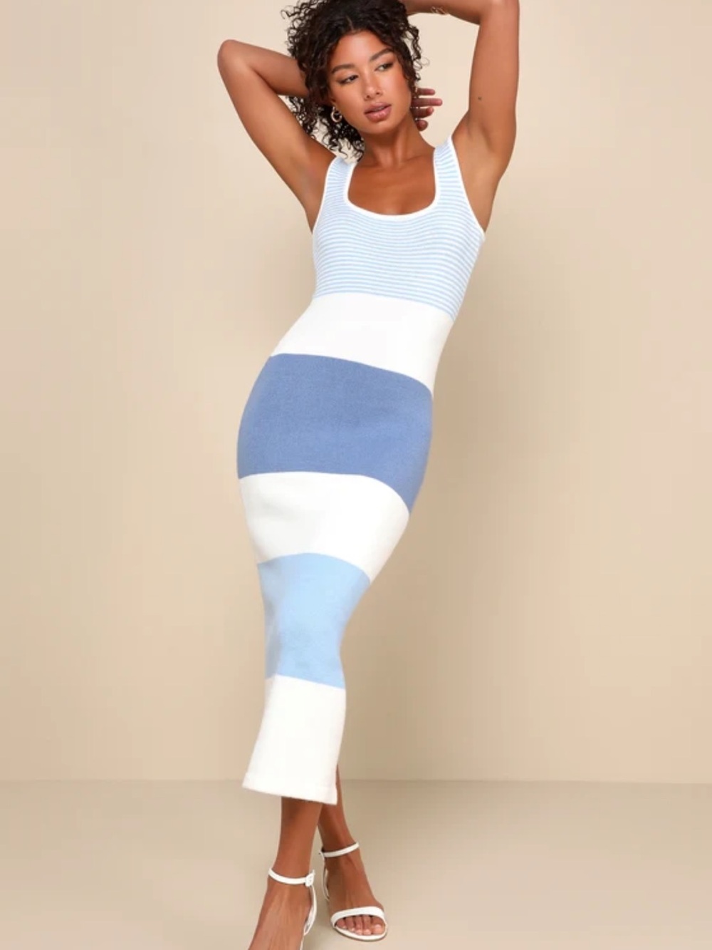 Lulu's Blue and White Striped Knit Midi Dress